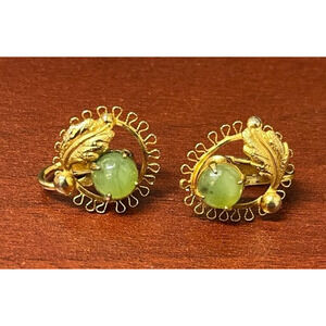 SORRENTO 1/20 12k Gold Filled Filigree Green Jade Stone Clip Back Earrings